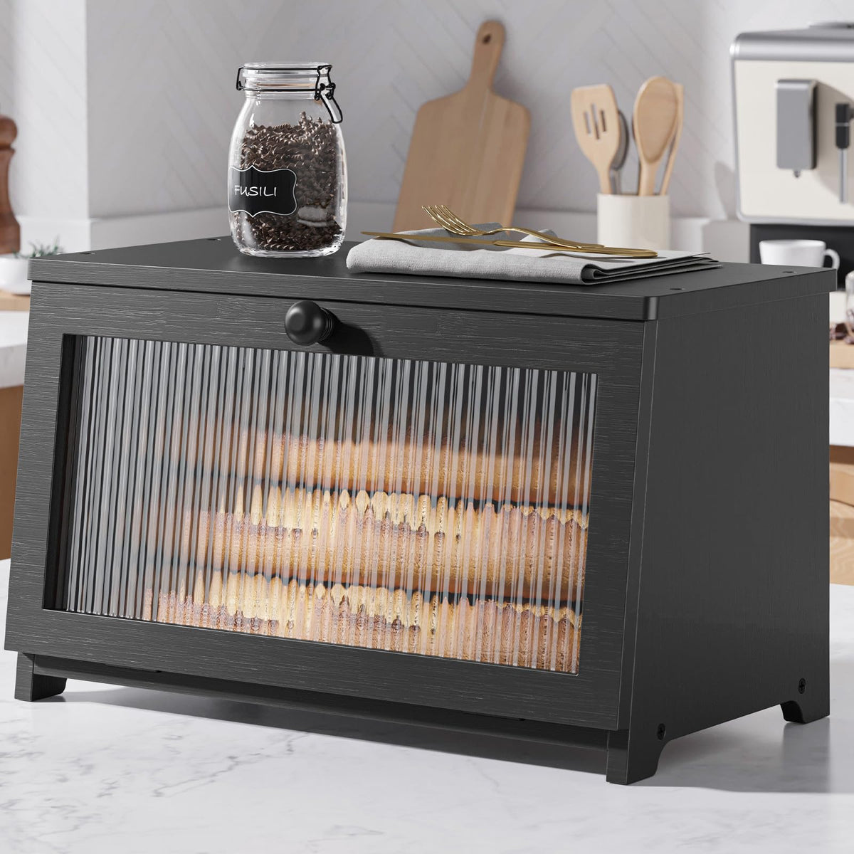 Kitsure Bread Box - Wooden Bread Box for Kitchen Countertop, Large Capacity Kitchen Countertop Organizer, Stylish Bread Storage with Window, Multi-functional Container, Black, 15.0"x8.3"x9.1" (1T)