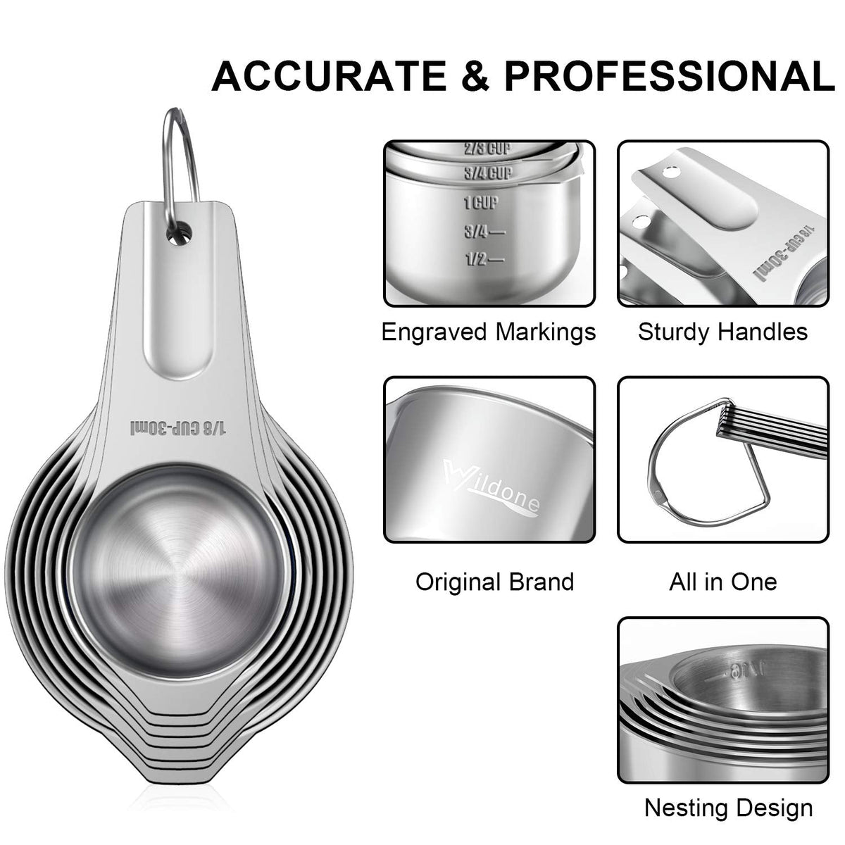 Measuring Cups and Magnetic Measuring Spoons Set, Wildone Stainless Steel 7 Measuring Cups, 8 Double Sided Stackable Magnetic Measuring Spoons, 1 Leveler & 5 Mini Spoons - 21 Piece