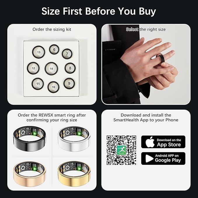 Smart Health Ring for Women Men, Fitness Tracker Ring with Heart Rate, Blood Oxygen, Sleep Tracker, Step Tracker, No Subscription Fee, IP68 Waterproof Smart Ring for iPhone & Android (Black, 7#)