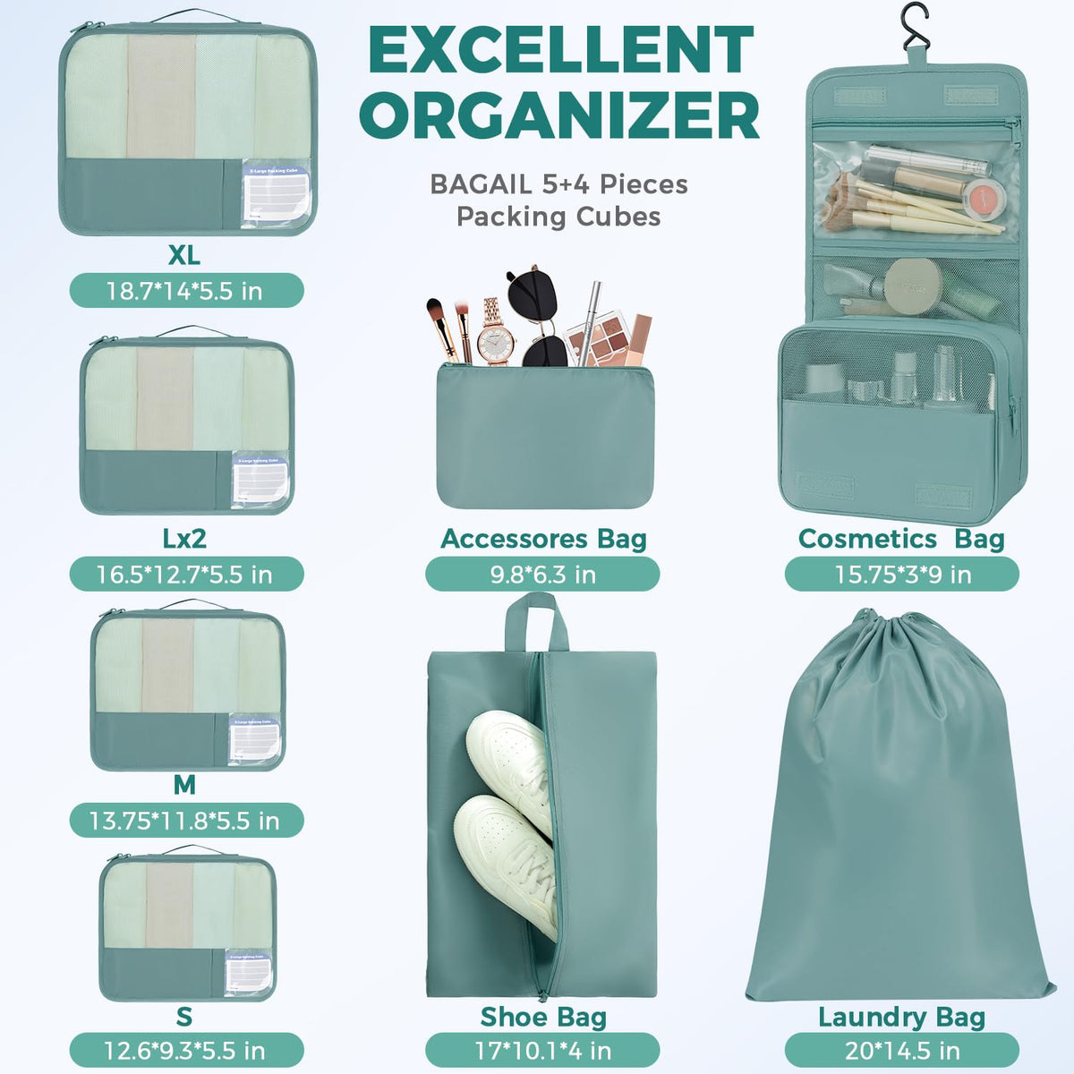 BAGAIL 9 Set Packing Cubes with Packing List Luggage Packing Organizers for Travel Accessories (Dusty Blue)