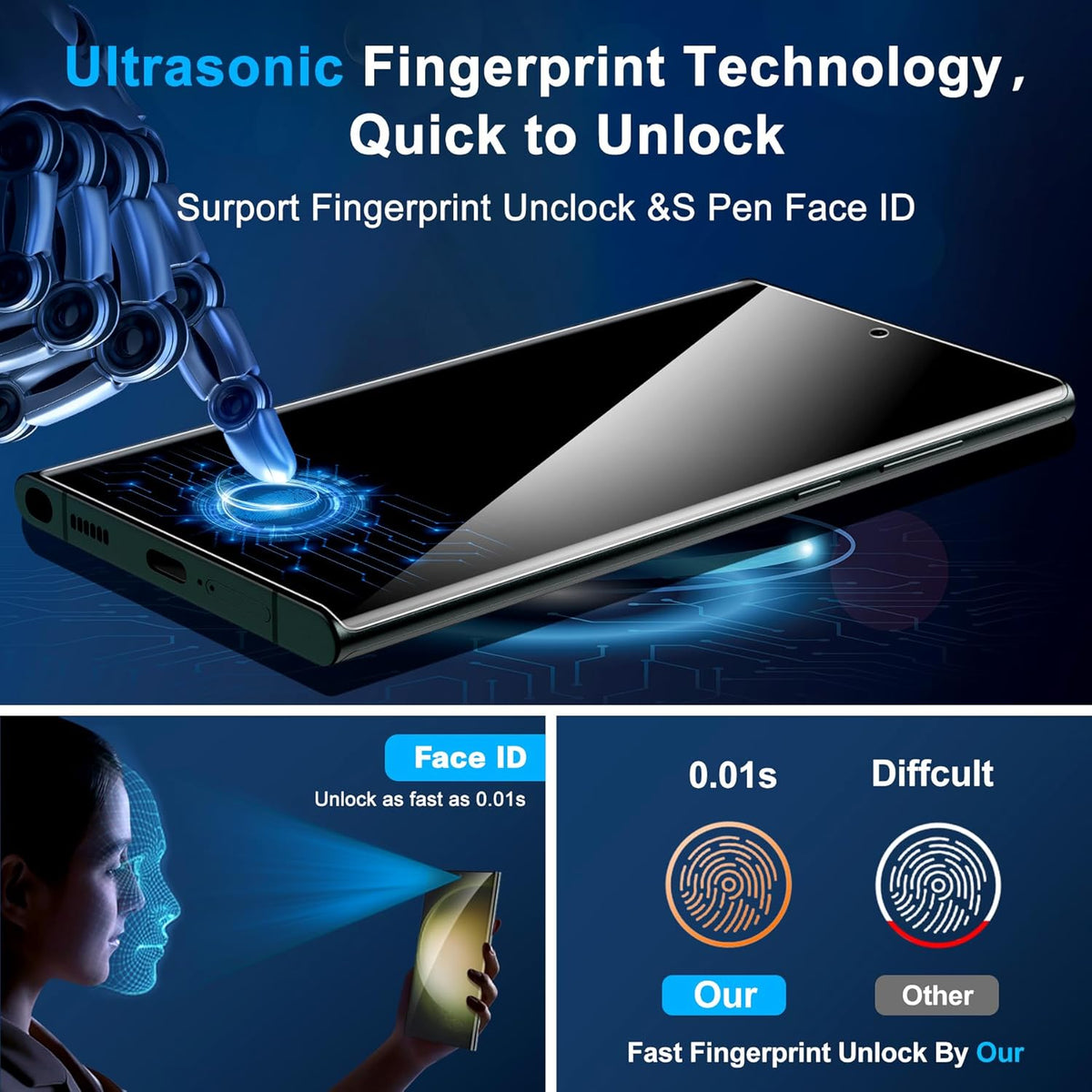Arshek [2+2 Pack] S23 9H 3D S23 5G Galaxy Ultra Privacy Screen Protector, Tempered Glass, Ultrasonic Fingerprint
