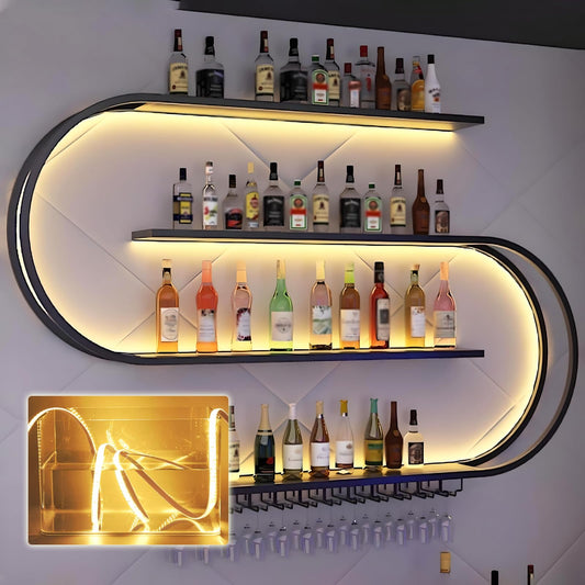 amhricho 47.2in Large Wall Mounted Wine Rack with LED Light, 4-Tiers Half Round Wine Rack with Wine Glass Hooks, Iron Wine Bottle Display Rack for Kitchen, Home Bar, Cafe (BLACK, 47.2 * 7.87 * 47.2IN)