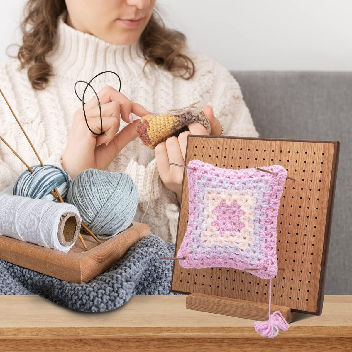 HONEYSEW 11.4" Crochet Blocking Board with 20 Pins/Pegs Handcrafted Mat for Crocheting Knitting Bamboo Granny Square Blocking Boards for Crochet Projects Wooden Crocheting Accessories