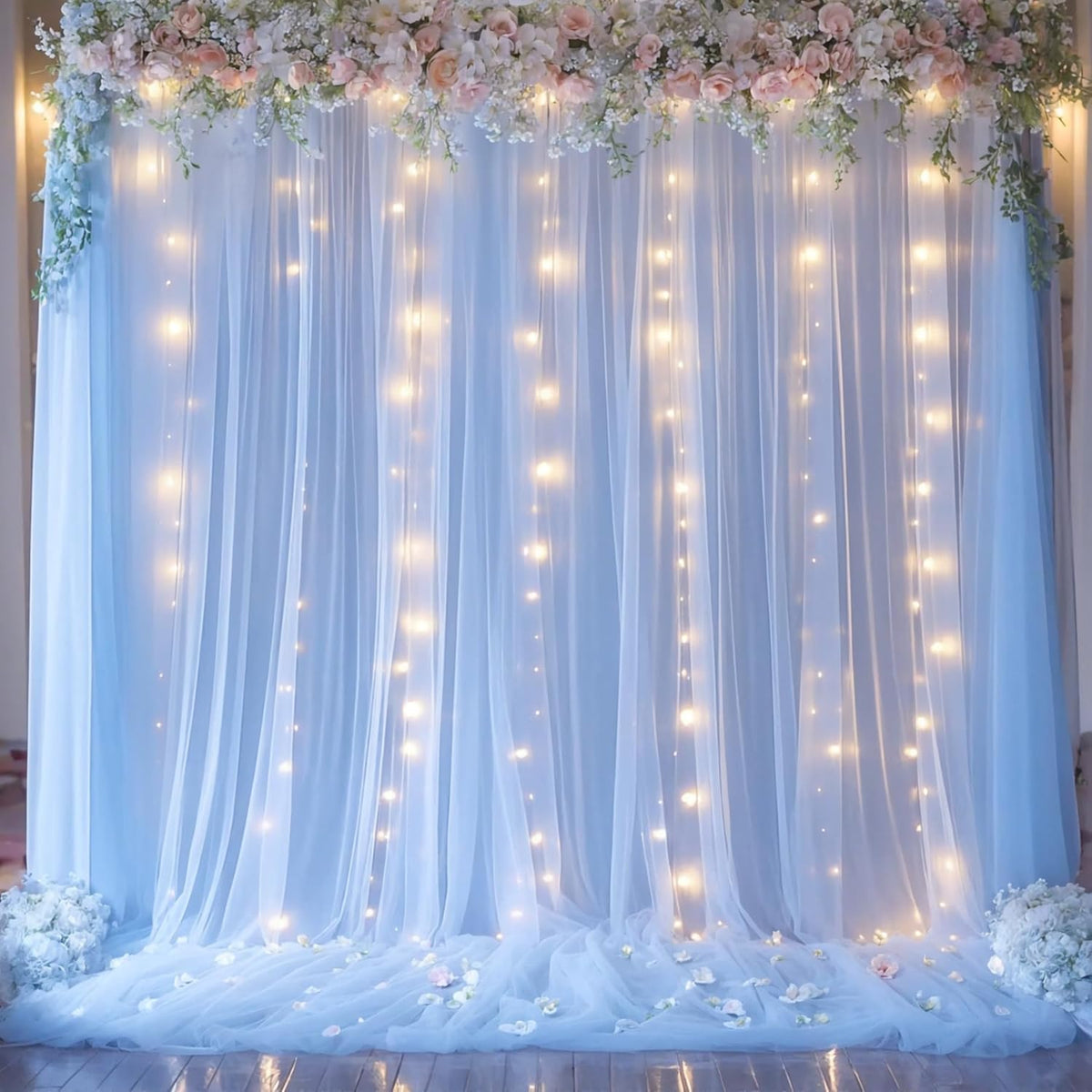 Suppromo 2 510ft Baby Blue Backdrop Curtains with Lights String for Baby Shower Parties Panels Sheer Tulle Backdrop