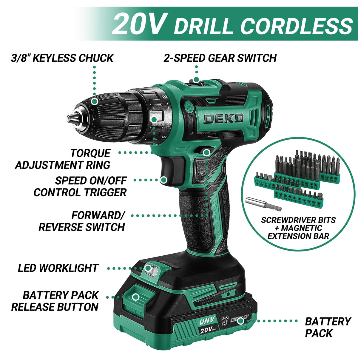 Green Drill Tool Kit Set: 20V Cordless Power Drill Tool Box with Battery Electric Drill Driver for Men Home Hand Repair Basic Toolbox Tools Sets Drills Case