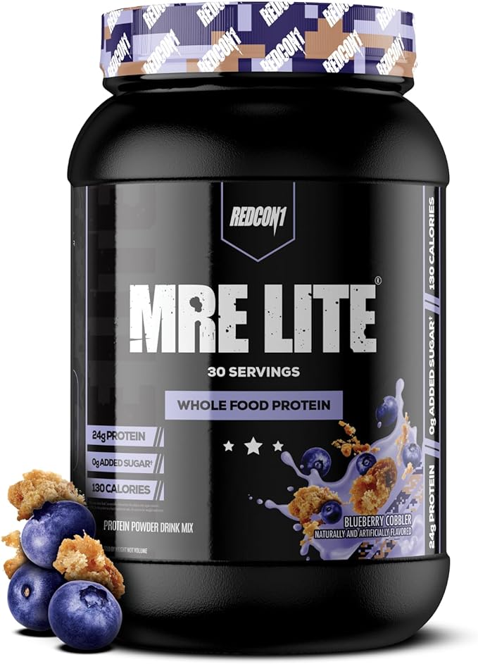 REDCON1 MRE Lite Whole Food Protein Powder, Blueberry Cobbler - Low Carb & Whey Free Meal Replacement with Animal Protein Blends - Easy to Digest Supplement Made with MCT Oils (30 Servings)