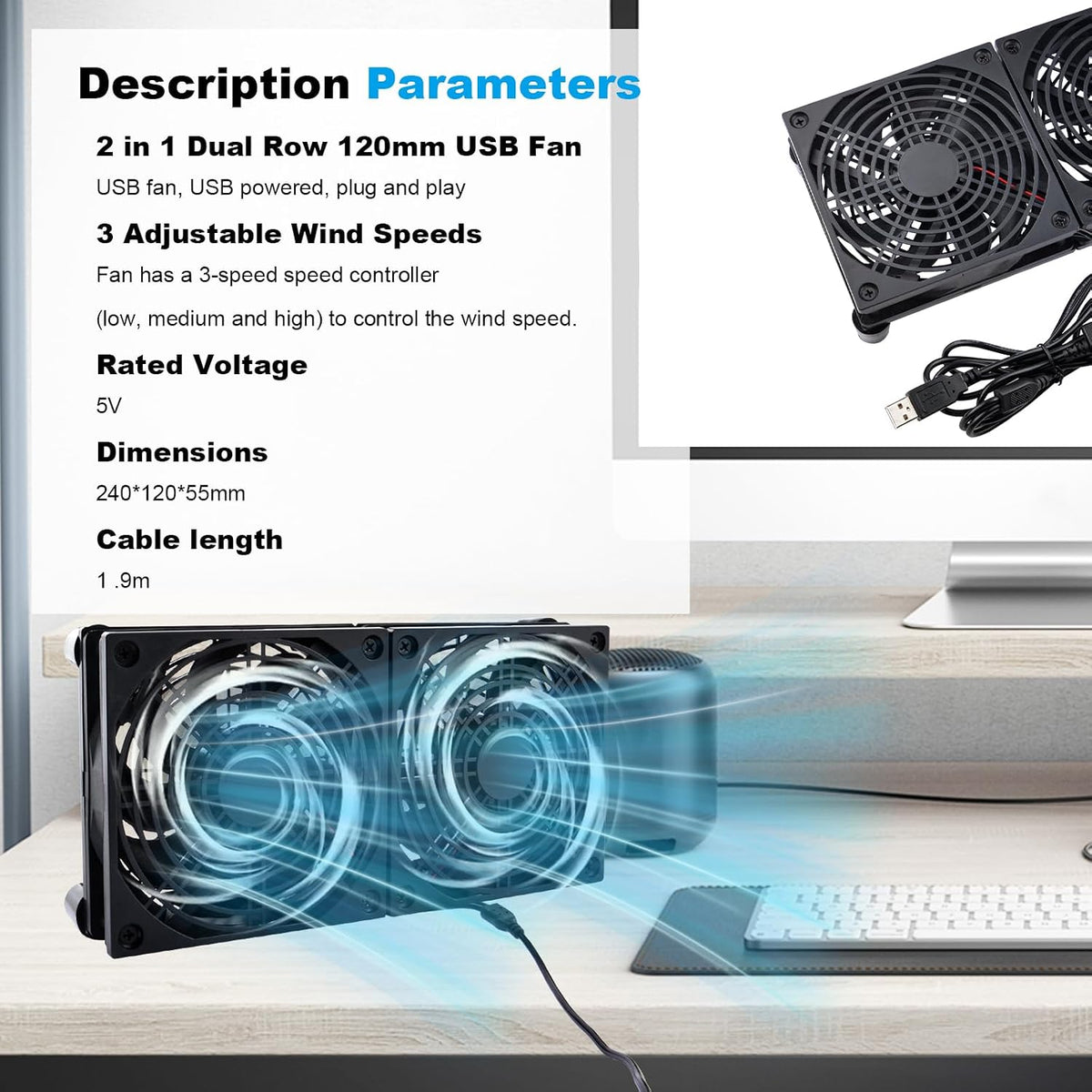 120mm 5V, 3-Degree Quiet Dual USB Fan Dual-Ball Bearings, USB Fan with L/M/H Speed Controller High Airflow Cooling Fan