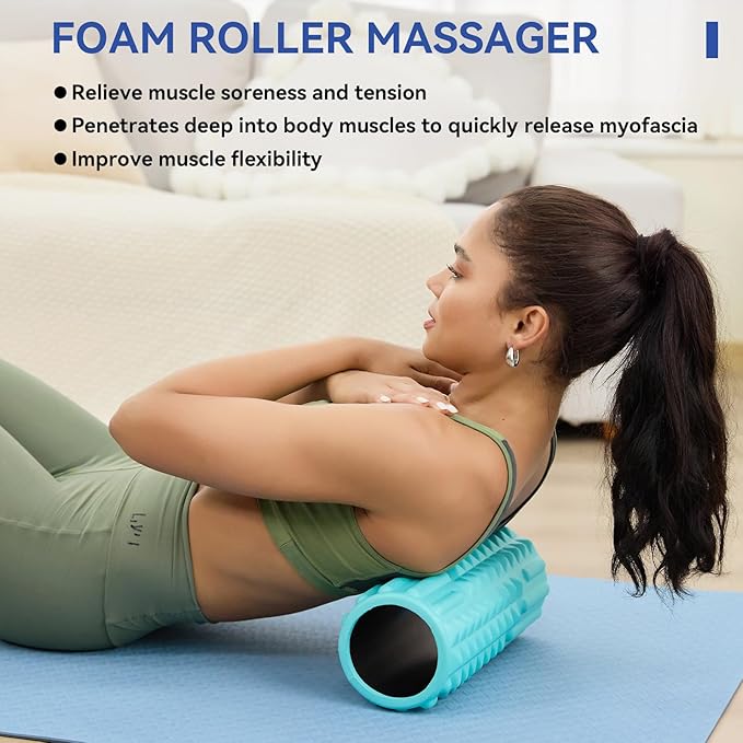 5 in 1 Foam Roller Set - Back Roller Foam, Massage Roller Stick, Massage Ball, Resistance Band for Physical Therapy & Deep Tissue Muscle Massage (Green)