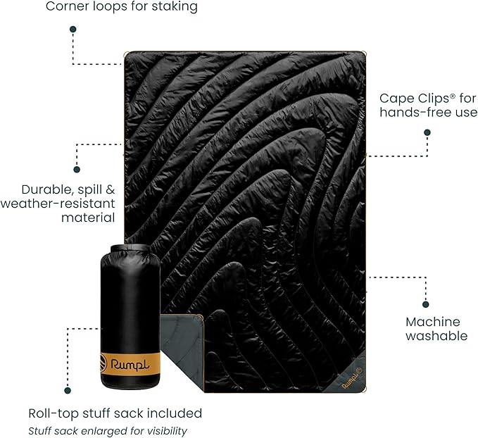 Rumpl Original Puffy Blanket - Warm, Water-Resistant Camping Blanket with 100% Recycled Synthetic Insulation, 52"x75", Original Puffy V2, Black