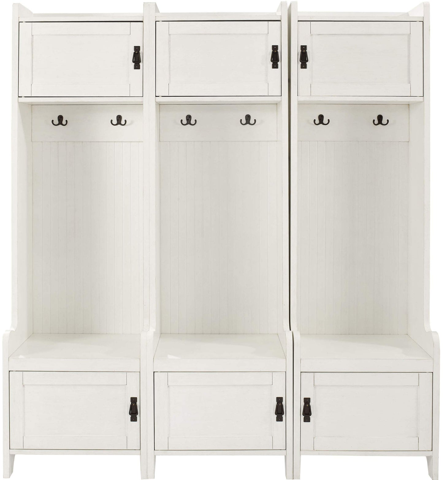 Crosley Furniture Fremont 3-Piece Hall Tree Entryway Set with Storage Cabinets and Coat Rack Hooks, Distressed White
