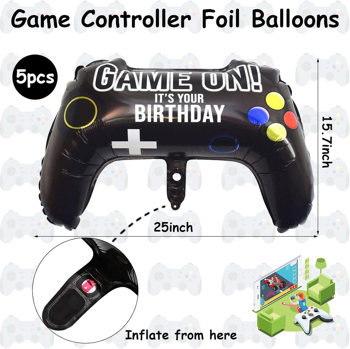Skiennix Video Game Party Balloons - Giant Controller Mylar Foil Balloons | 5-Piece Set for Kids' Birthday Celebrations
