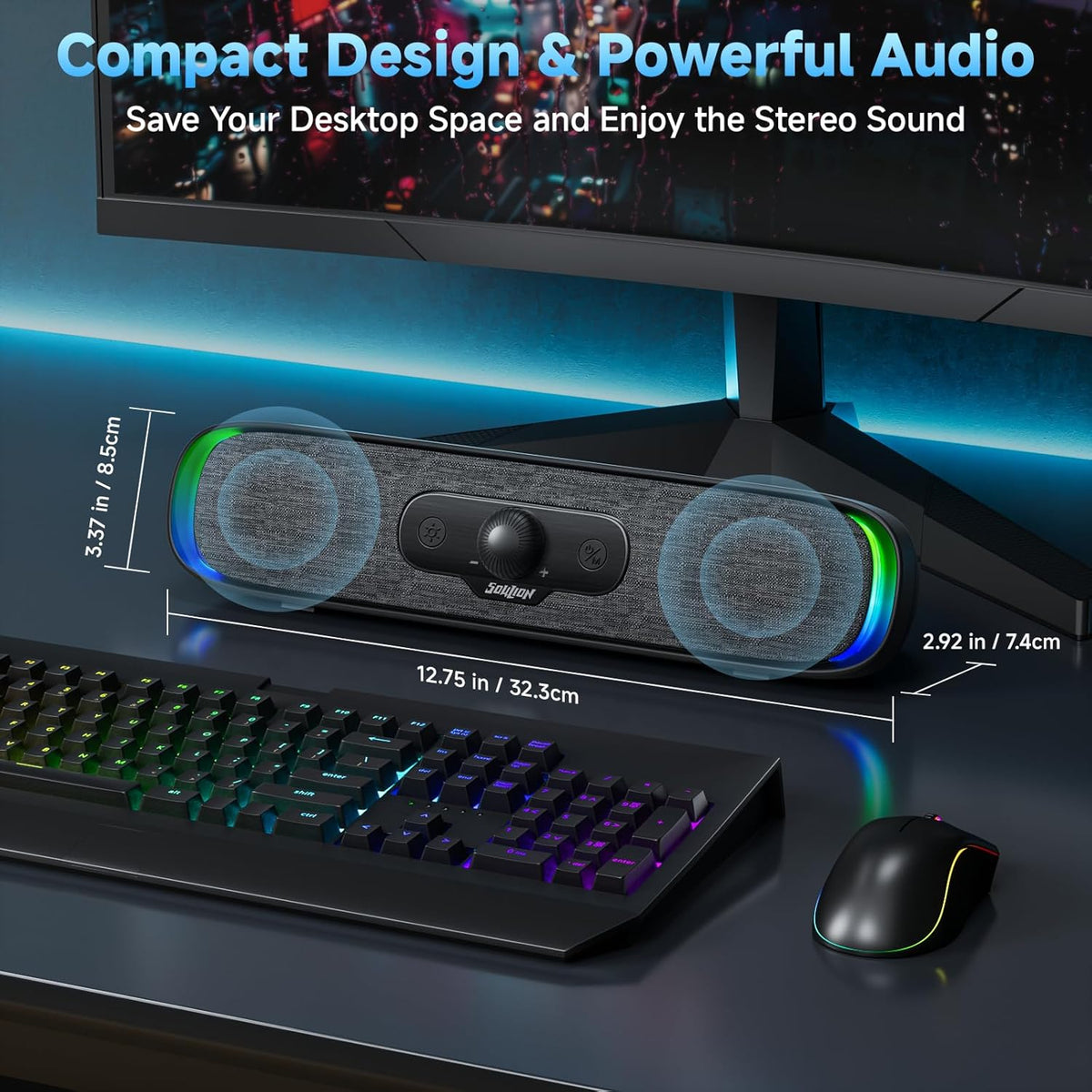 SOULION Computer Speakers, USB C/USB Powered PC Speaker with Colorful LED Lights, Plug-N-Play Wired Bluetooth Sound bar