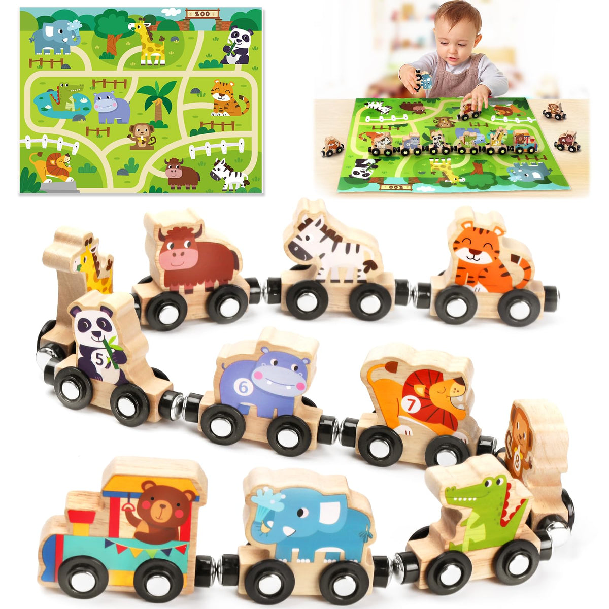 Toys for 1 2 3 Year Old Boys Girls, Montessori Toys Magnetic Wooden Train Set Gifts for 2-3-4 Year Old Boy Girl Educational Toddler Toy Birthday Presents Age 1+ Kids Animal Farm Games with Track Mat