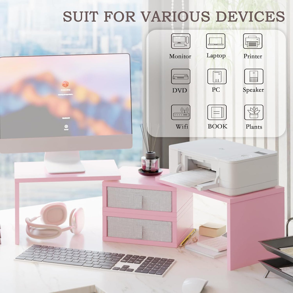2 37 inch 2 (2 8''H) TEAMIX Pink Dual Monitor Stand Riser with Drawers - Length and Angle Adjustable Double Corner Desk