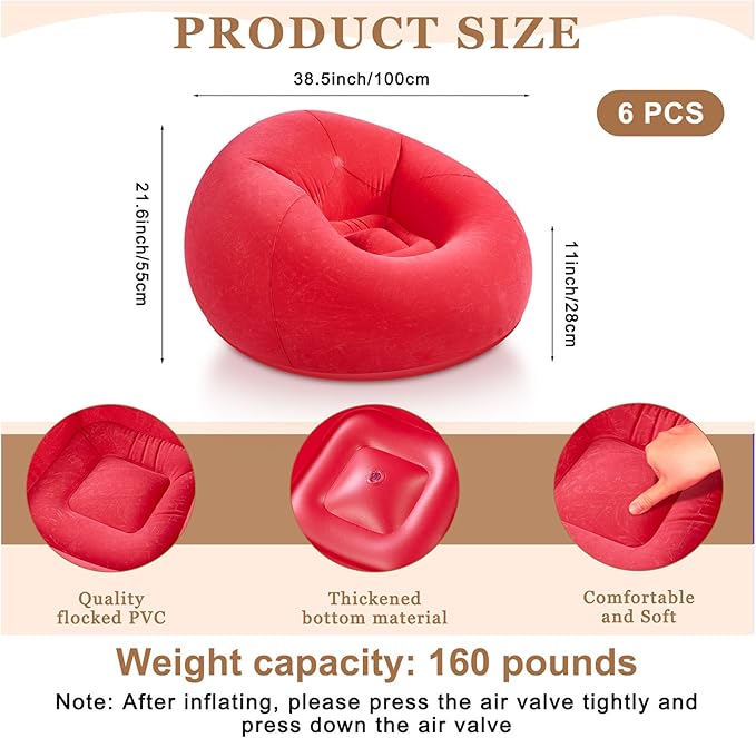 Realspring 6 Pcs Bean Bag Chairs for Adults Inflatable Chairs with Electric Air Pump,Blow up Couch Folding Portable Inflatable Couch Lazy Sofa for Reading Living Room Camping (Coffee,Blue,Red)
