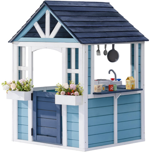 ROBUD Outdoor Playhouse, Wooden Play House for Kids Outdoor with Snack Bar, Flowerpot Holders, Sink, Stove, Cookware, Outdoor playset for Kids Ages 3+