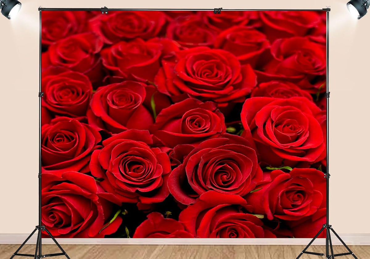 SHDASMIL 6X4ft Bright Red Roses Close Up Backdrop Fresh Floral Bouquet Background for Valentines Day Wedding Party