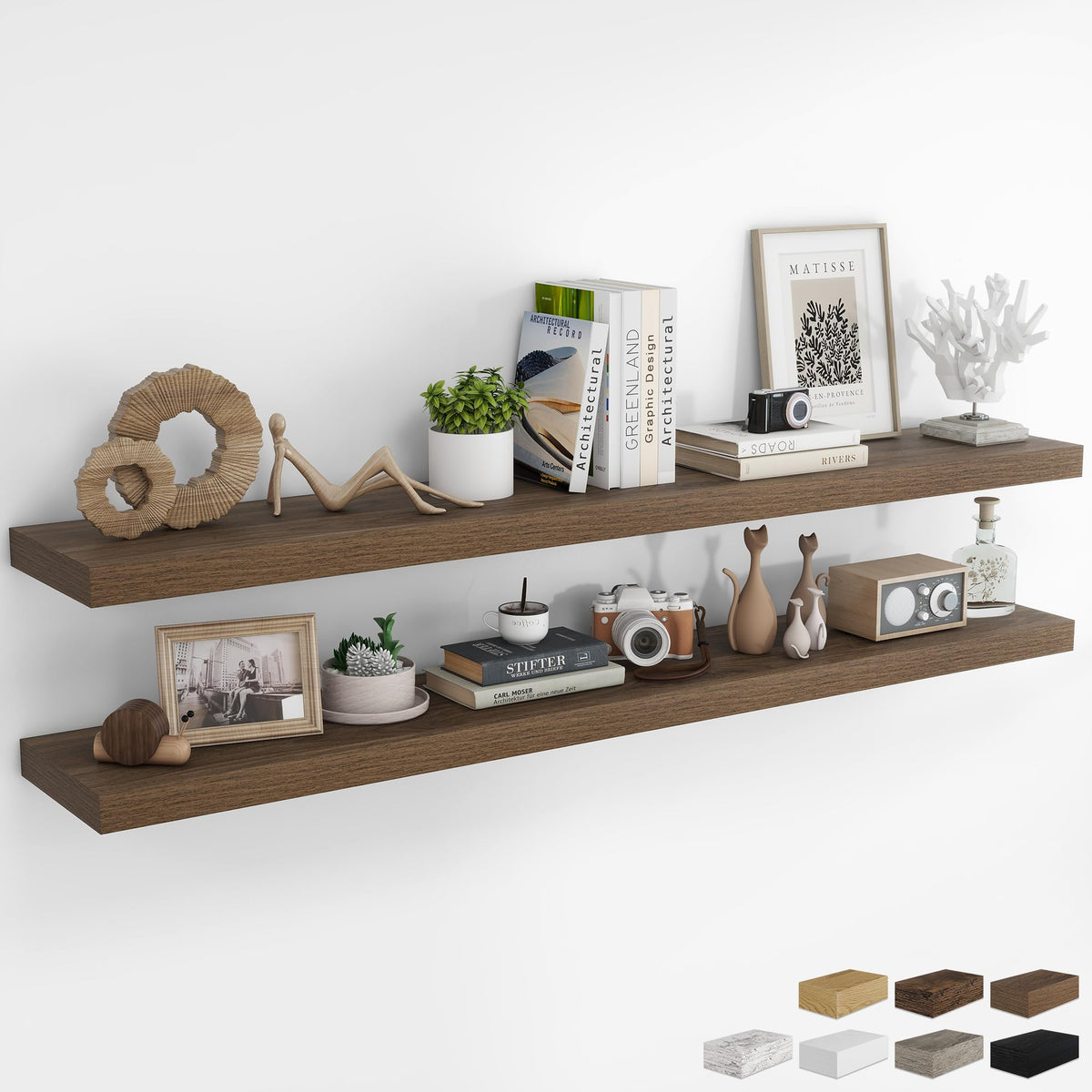 RICHFOCUS 72Inch Floating Shelves for Wall 2 Pack Shelves for Bedroom|Kitchen|Bathroom Wall Mounted Rustic Wood Floating Shelf with Invisible Brackets for Books|Storage|Decor, Walnut