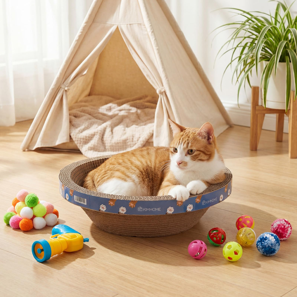 Zopeal 64 Pcs Easter Cat Toy Gift Set Magic Cat Scratcher Board Ball Launcher Gun Crinkle and Yarn and Plastic Bell Ball Kitten Toy with Bow for Pet Interactive Engaging Gift(Bowl Shape)