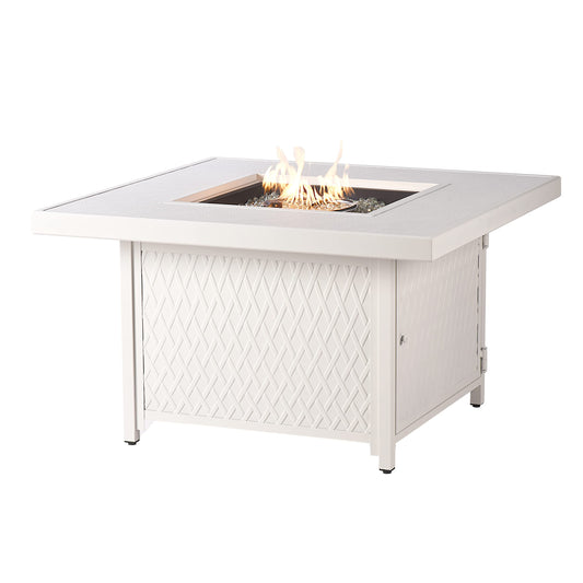 Oakland Living Square 42 in. x 42 in. Aluminum Propane Fire Pit Table with Glass Beads, Two Covers, Lid, 57,000 BTUs in White Finish
