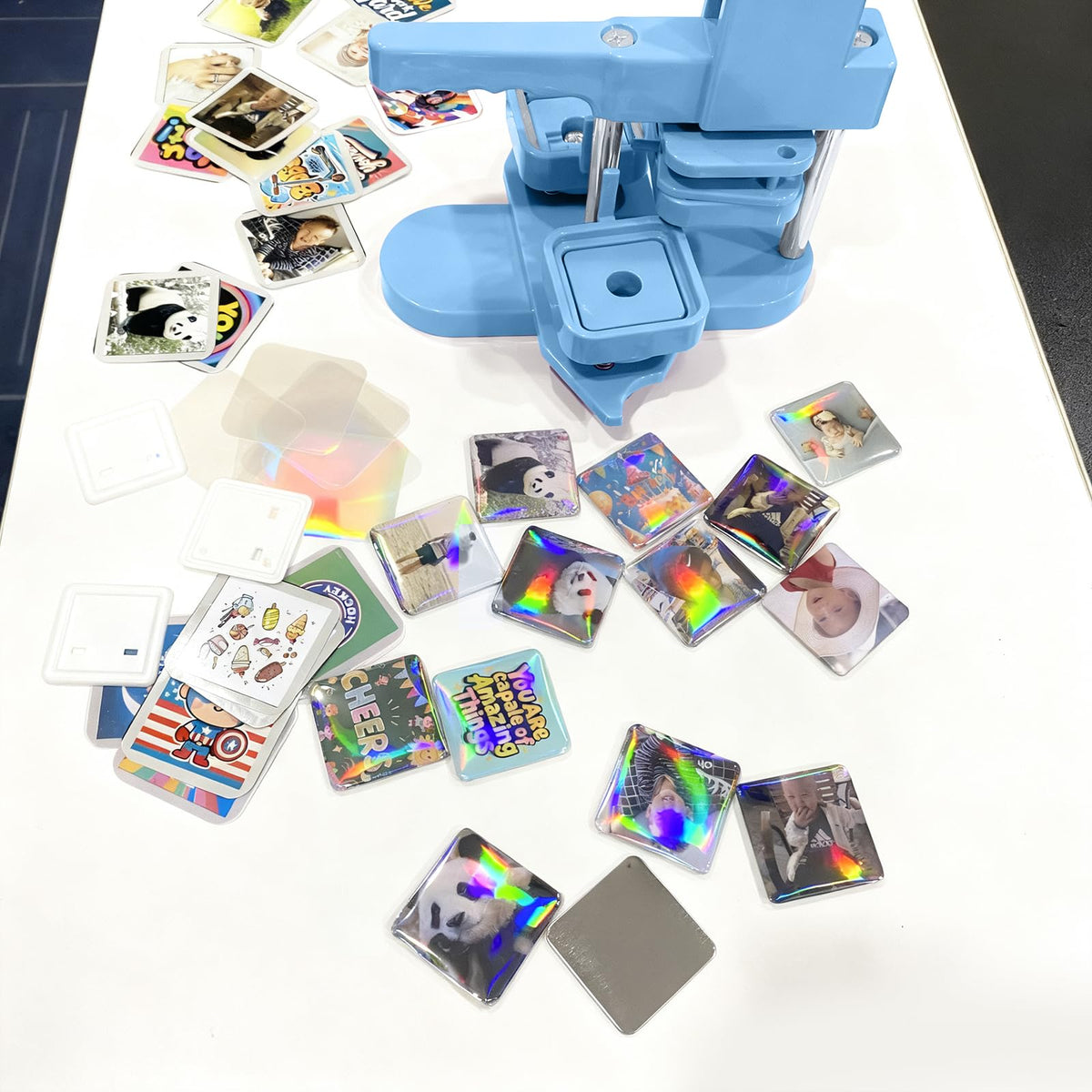 Square Magnet Button Maker Kit - Holographic Film 2'' x 2'' Button Press Machine with 100 Set Fridge Magnet Making Supplies(Metal Cover, Film, Back Inserts), for Craft, Home, Small Business