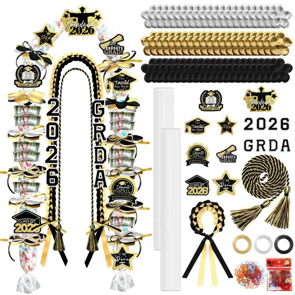 Graduation Candy Lei Making Kit Class of 2026 DIY Lei PE Bags Tubing Money Leis 2026 Graduation Ribbon Necklace Include 2 x 5 ft PE Bags 90 Pcs Flower Accessories for Grad Party Supplies (Gold, Black)