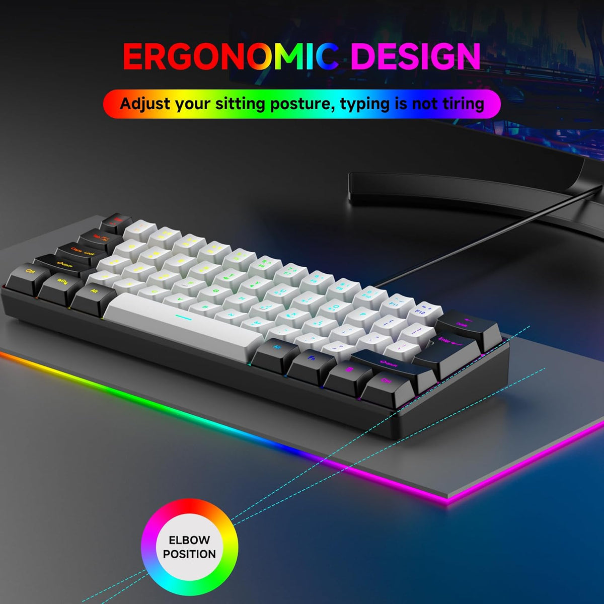 REBOCOON 61-Key 60% 8-Color 10/8/7) Compact RGB Gaming Keyboard Layout, Ergonomic Membrane Keys, Backlight, Plug & Play
