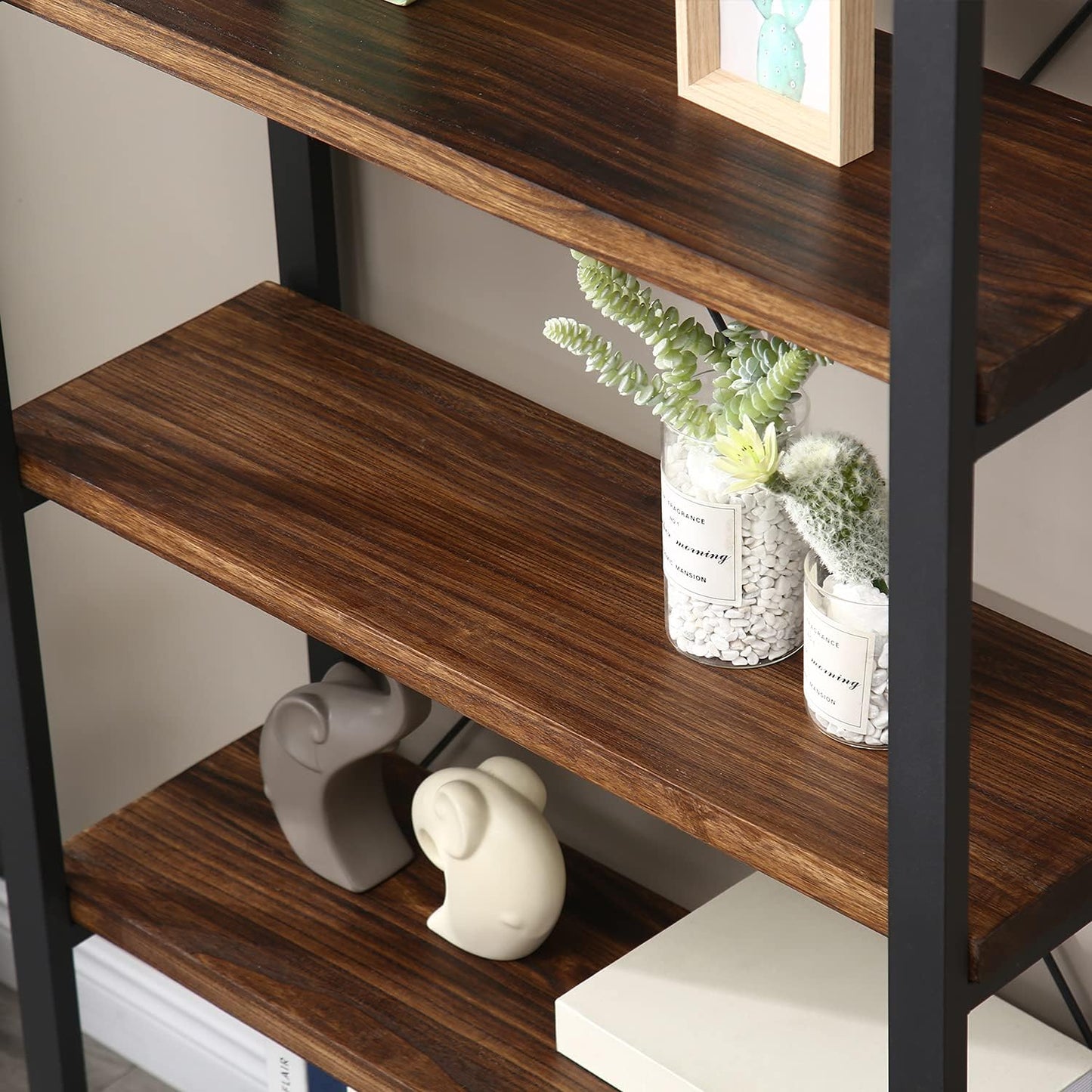 WH-AOERPUMY 5 Tier Bookcase, Solid Wood Bookshelf Rustic Vintage Industrial Etagere Bookcase, Metal and Wood Free Vintage Bookshelf, Retro Brown (5-Tiers)