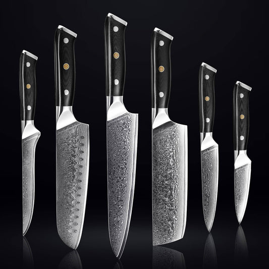 SENKEN 6-Piece Damascus Steel Kitchen Knife Set - Shogun Collection - 67-Layer Japanese VG10 Steel - Chef's Knife, Cleaver Knife, & More, Extremely Sharp Blades for Effortless Cutting, Luxury Gift Box