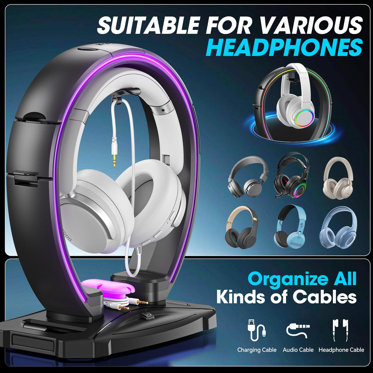 KDD RGB Headphone & Controller Stand with 9 Light Modes - Foldable Controller Hanger for Desk - Earphone Stand with Cable Organizer - for Gamers Desktop Accessories