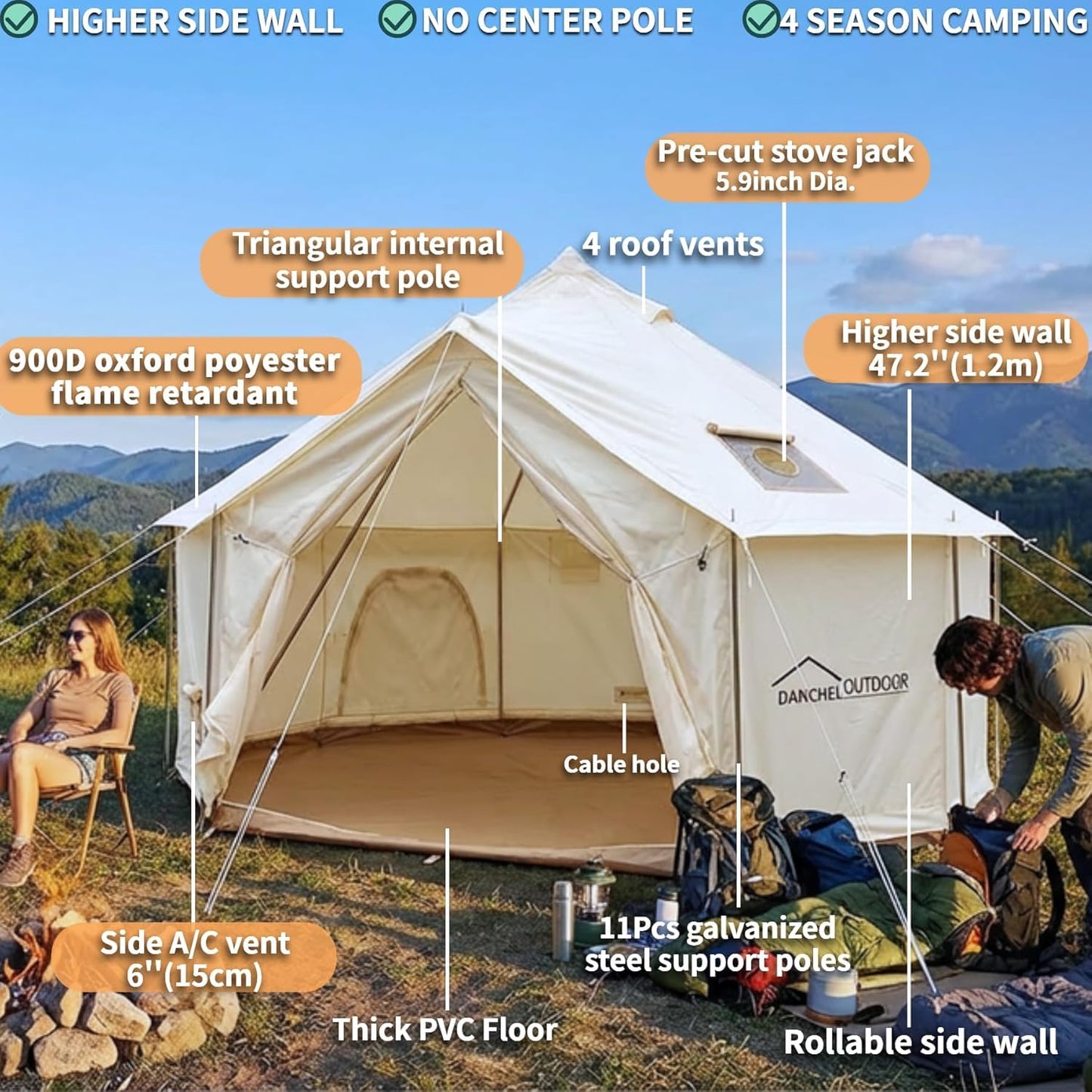 DANCHEL OUTDOOR B6 4 Season Glamping Wall Tent w/Large Wood Stove Camping, No Center Pole, Higher Side Wall, 900D Flame Retardant Oxford for 4 Person Yurt Cabin Tent,13ft/4m