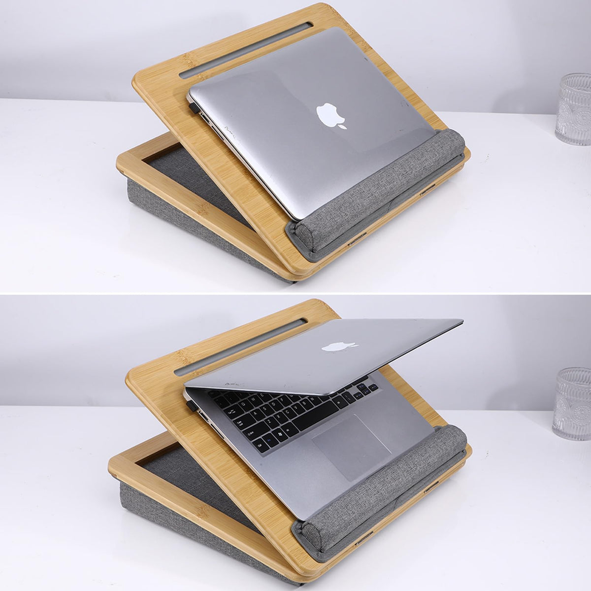 SUMISKY Adjustable Lap Desk-Portable Laptop Stand with Cushion, Bamboo Platform with Phone Holder, Wrist Pad Fits up to 15.6 Inch Laptops