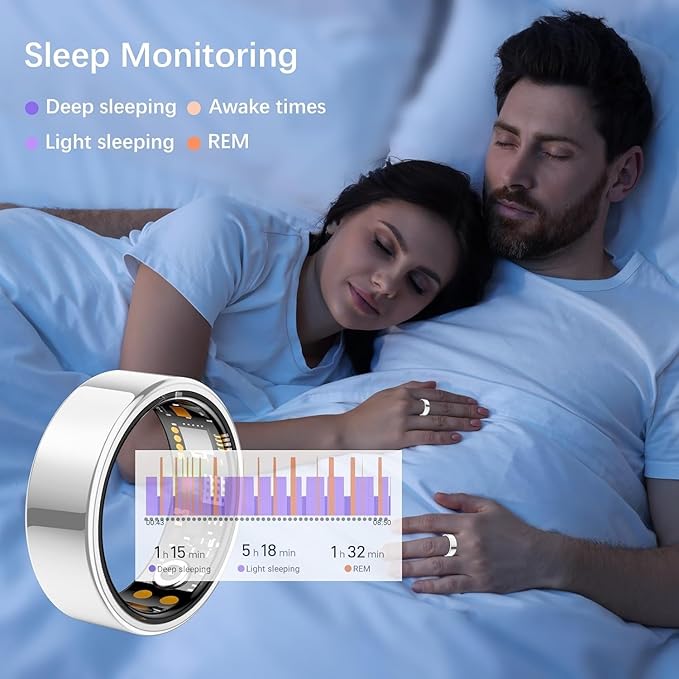 Ring Health Tracker for Women Men, Fit Ring with Heart Rate, Blood Oxygen, Sleep Monitor, Calories, Step Counter, IP68 Waterproof Smart Ring for iPhone & Android, No Subscription Fee (Silver, 14#)