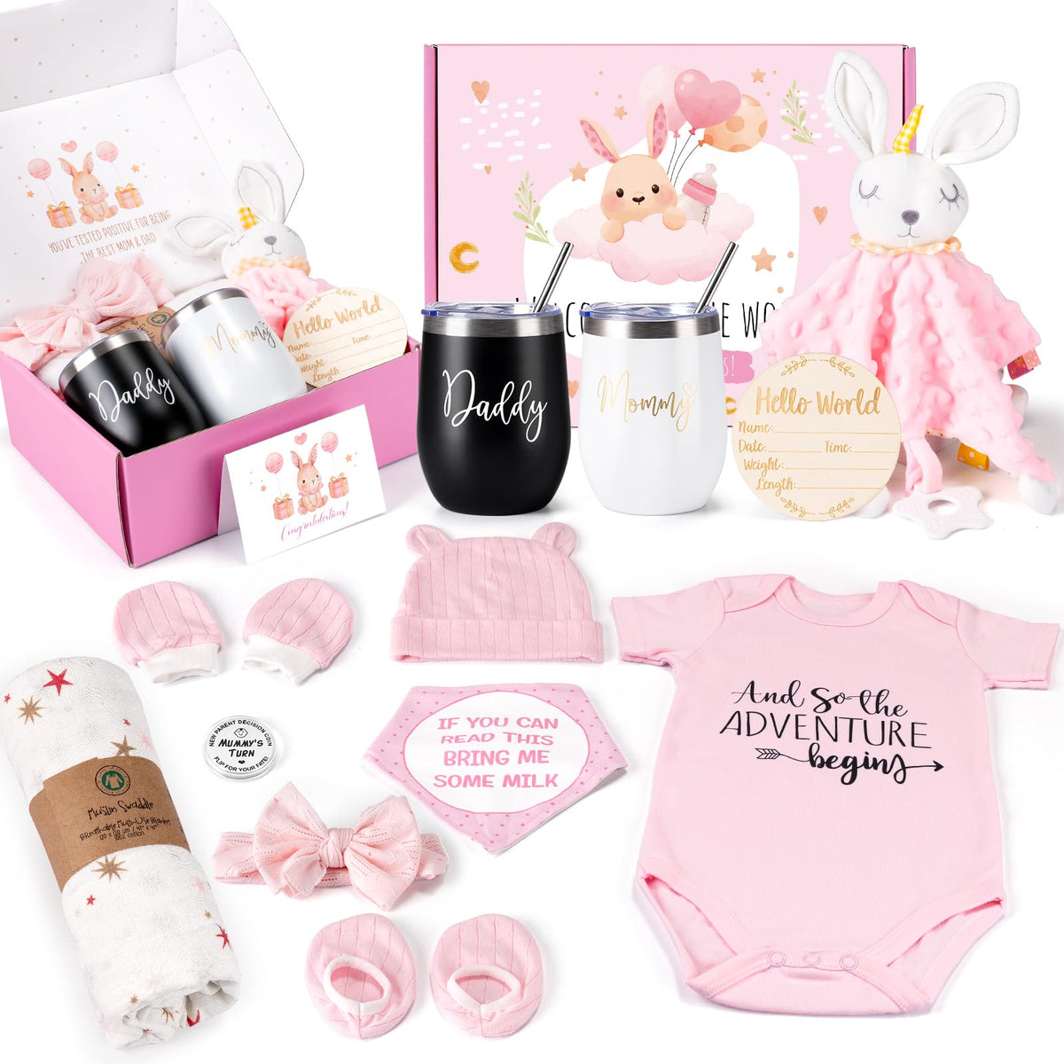Baby Gift Set, Baby Girl Gifts, New Mom Gifts for Women, New Parents Gifts for Couples w/New Mom and Dad Tumbler Newborn Essentials for Gender Reveal, Baby Shower Pregnancy Gifts for First Time Moms