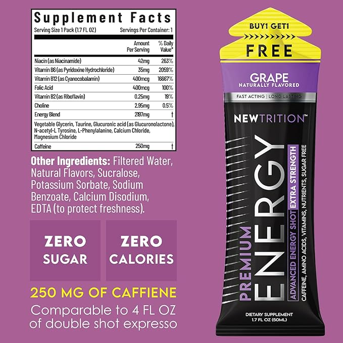 NewTrition® Extra Strength Energy Shots, 250mg Caffeine Energy Shots with Vitamin B & Amino Acids, Sugar-Free Vitamin Energy Shot, 1.7 fl oz (Pack of 6, Grape)