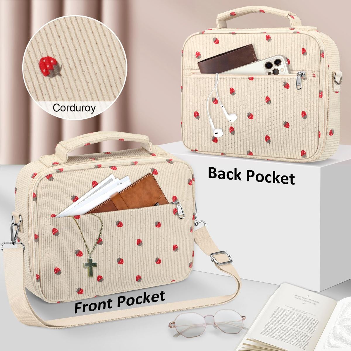 FINPAC Large Bible Cover w/Shoulder Strap, Carrying Book Case Church Bag Bible Protective w/Pen Slots and Zippered Pocket, Gift for Women Lady, Corduroy Strawberry