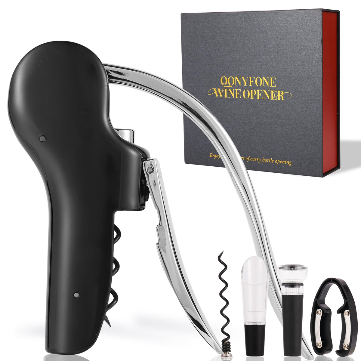 QONYFONE Wine Bottle Corkscrew Opener, Vertical Lever Corkscrew 5-Piece Set, Manual Vertical Design, Includes Wine Foil Cutter, Extra Spiral, Wine Pourer and Wine Stopper, Elegant Gift Box, Black