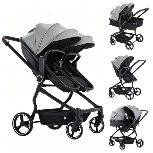 TALENBEEN Double Stroller for Infant and Toddler, Lightweight Side by Side Twin Baby Stroller, 26.8" Slim Design Fits Doors, Compact Foldable Travel Stroller, Independent Recline, Gray