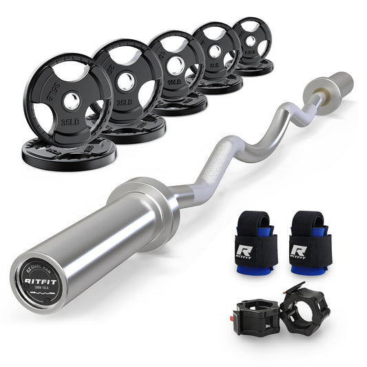 RitFit 2 Inch EZ Curl Bar with Weights, 350LBS Capacity Olympic Barbell for Bicep & Triceps, Home Gym Strength Training,with 155LBweights and Wristband