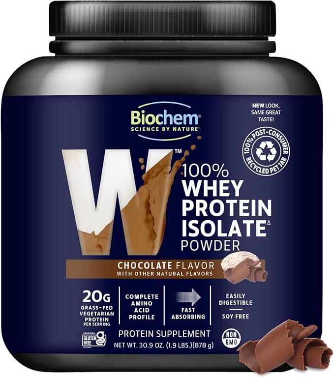 Biochem 100% Whey Isolate Protein Powder, Chocolate Flavor, 20g Grass-Fed Protein, Keto Friendly, Gluten Free, Vegetarian, Easily Digestible, 30.9 oz, 28 Servings