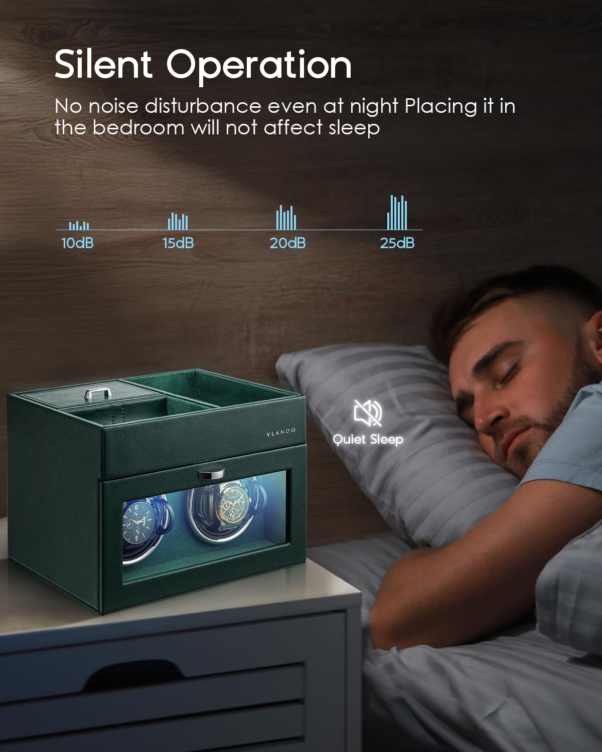 Vlando Automatic Double Watch Winder - Watch Winder Box with Men Jewelry Organizer Tray, Japanese Quiet Motor, LED Light, Adjustable Watch Pillows - Green