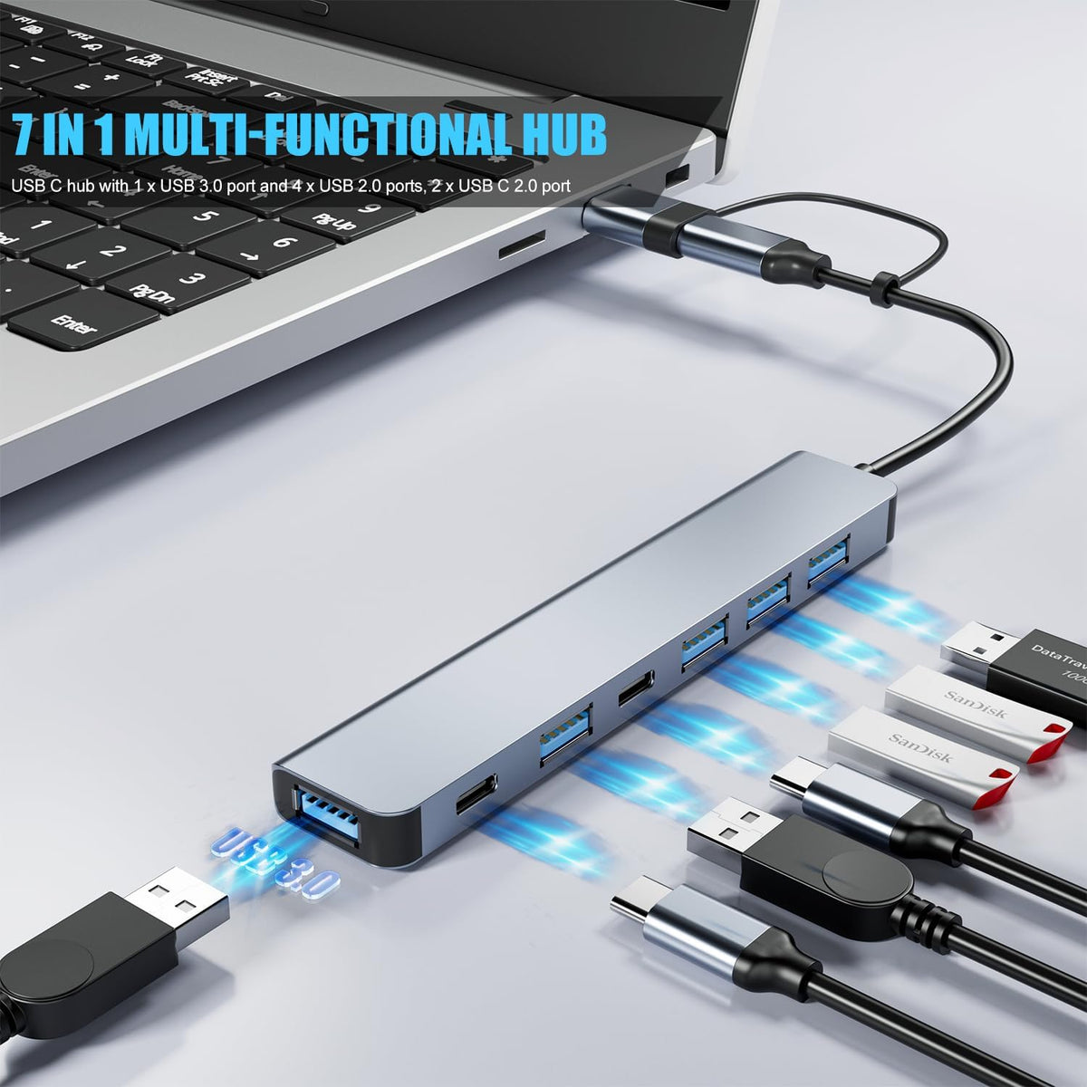 FAWETTY 7 1 2* 5* 3.0 2.0 PS4, Aluminum in USB C/USB Hub, USB C and USB, USB and USB Ports, Ultra Slim Portable USB