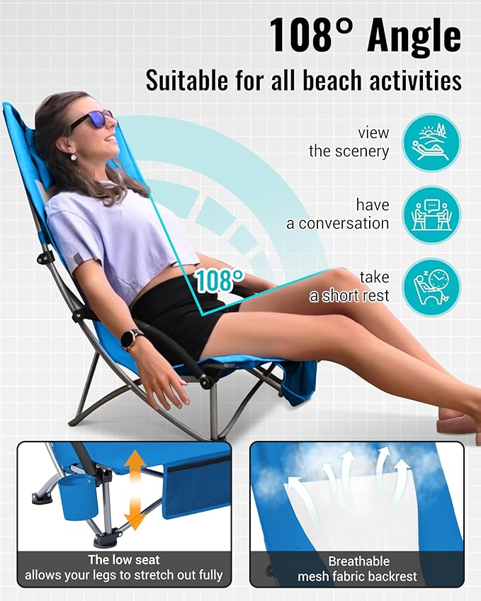 KingCamp Low Beach Chairs, Portable Folding Chair for Adults Extra Wide Ergonomic High Back Seat 300lbs Heavy Duty Lightweight Oversized Gear with Carry Bag for Outdoor Lawn Camping Picnic