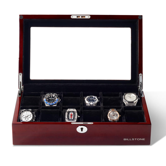 BILLSTONE Heritage 12 Wooden Watch Box – 12 Slot Watch Organizer, High-Polish Bubinga Wood with Black Velvet Interior