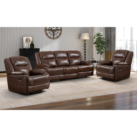 EBELLO Genuine Leather Recliner Manual Sofa Set, Double 1 Seat Reclining Chair, a 3 Seater Sofa with Headrest and Armrest, Modern Durable Home Furniture Set for Living Room, Vintage Brown
