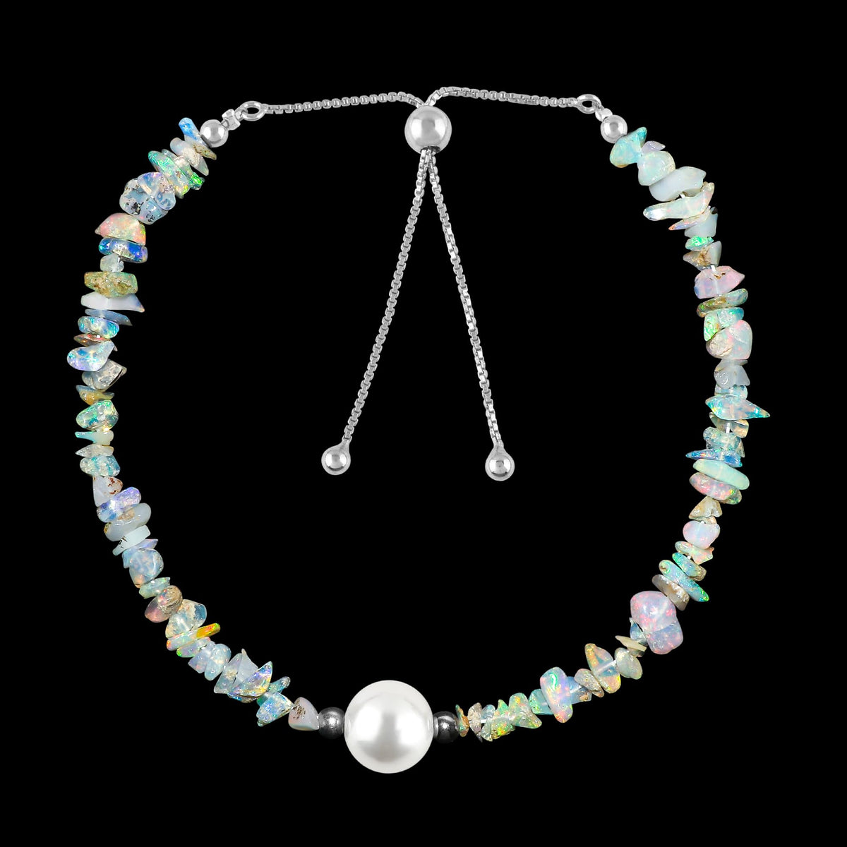 Crystals for Calm - Natural Ethiopian Opal Beads Slider Bracelet with Elegant Pearl, High Grade Nuggets Crystal, Chakra Healing Gemstone, Gift Giving Women Jewelry, Silver Plated Slider 10 inch