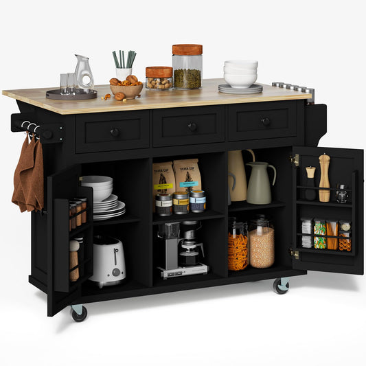 Rovibek Kitchen Island with Drawers 53 in Rolling Island Cart Mobile Portable Islands on Wheels Solid Wood Island with Storage Cabinet & Drawers, Jet Black
