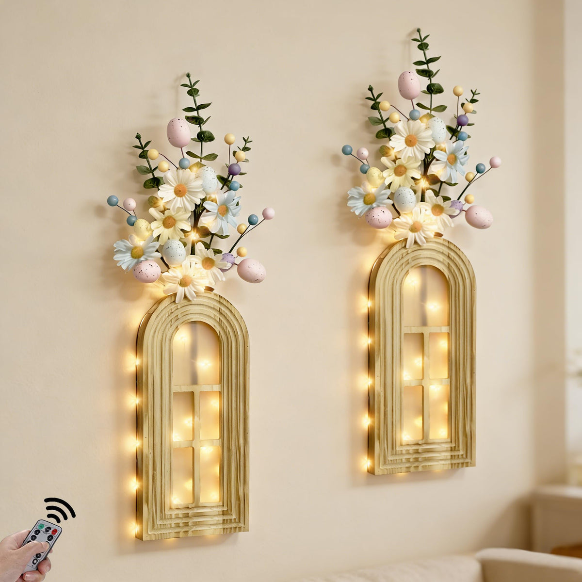 HOMECOR Easter Wall Decor Set of 2 - Boho & Modern Farmhouse Hanging Wooden Vase with Fairy Lights & Artificial Plants, Spring Wall Art for Living Room, Bedroom, Bathroom, Mothers Day Home Decor Gift