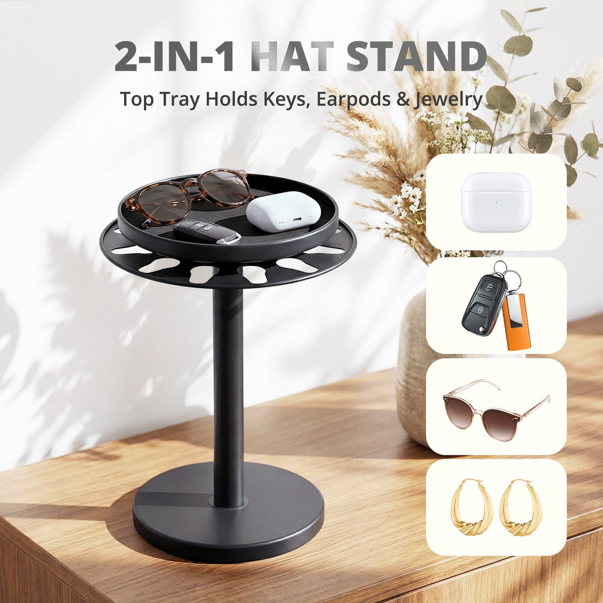 kondyfayo 360° Rotating Hat Organizer for Baseball Caps, Stainless Steel Hat Rack Holder with Top Storage Tray for Small Essentials, Ball Cap Storage Organizer for Closet, Entryway, Display (M-Black)