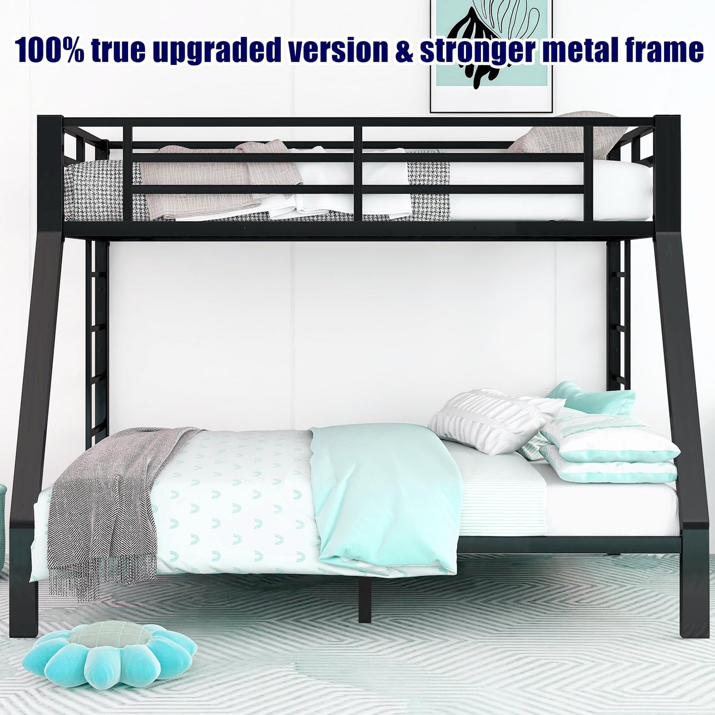 AOOMEEC Higher Quality & Stronger Twin XL Over Queen Bunk Bed, Thickened Heavy Duty More Stable Safer Black Metal Steel Bunkbed Bunk Queen Bed (Easier to Assemble) (Twin XL Over Queen)